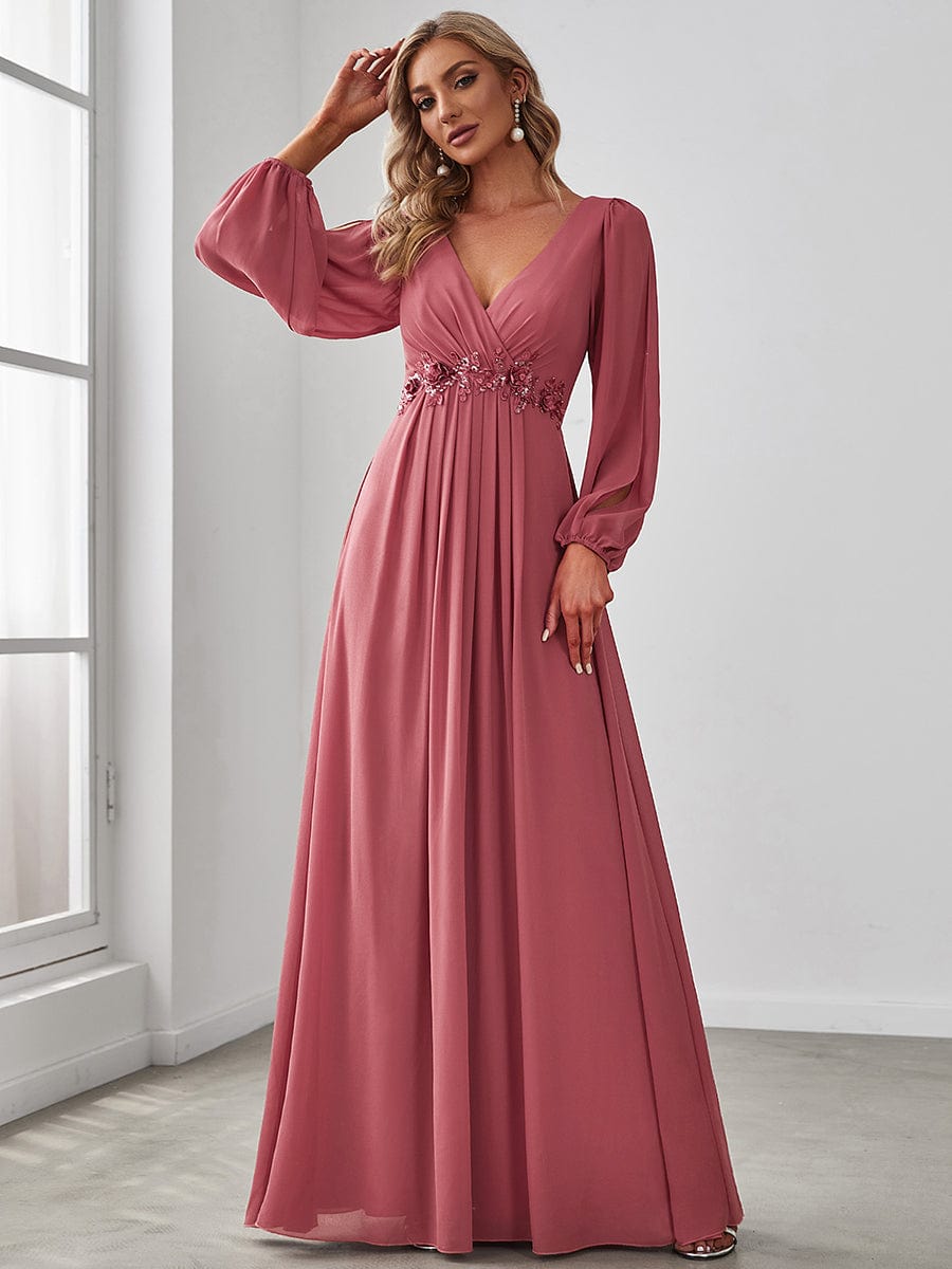 Waist Sequin Applique Chiffon Hollow Long Sleeve Evening Dress #color_Cameo Brown Waist Sequin Applique Chiffon Hollow Long Sleeve Evening Dress #color_Cameo Brown