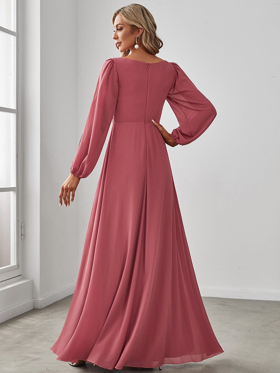 Waist Sequin Applique Chiffon Hollow Long Sleeve Evening Dress #color_Cameo Brown Waist Sequin Applique Chiffon Hollow Long Sleeve Evening Dress #color_Cameo Brown