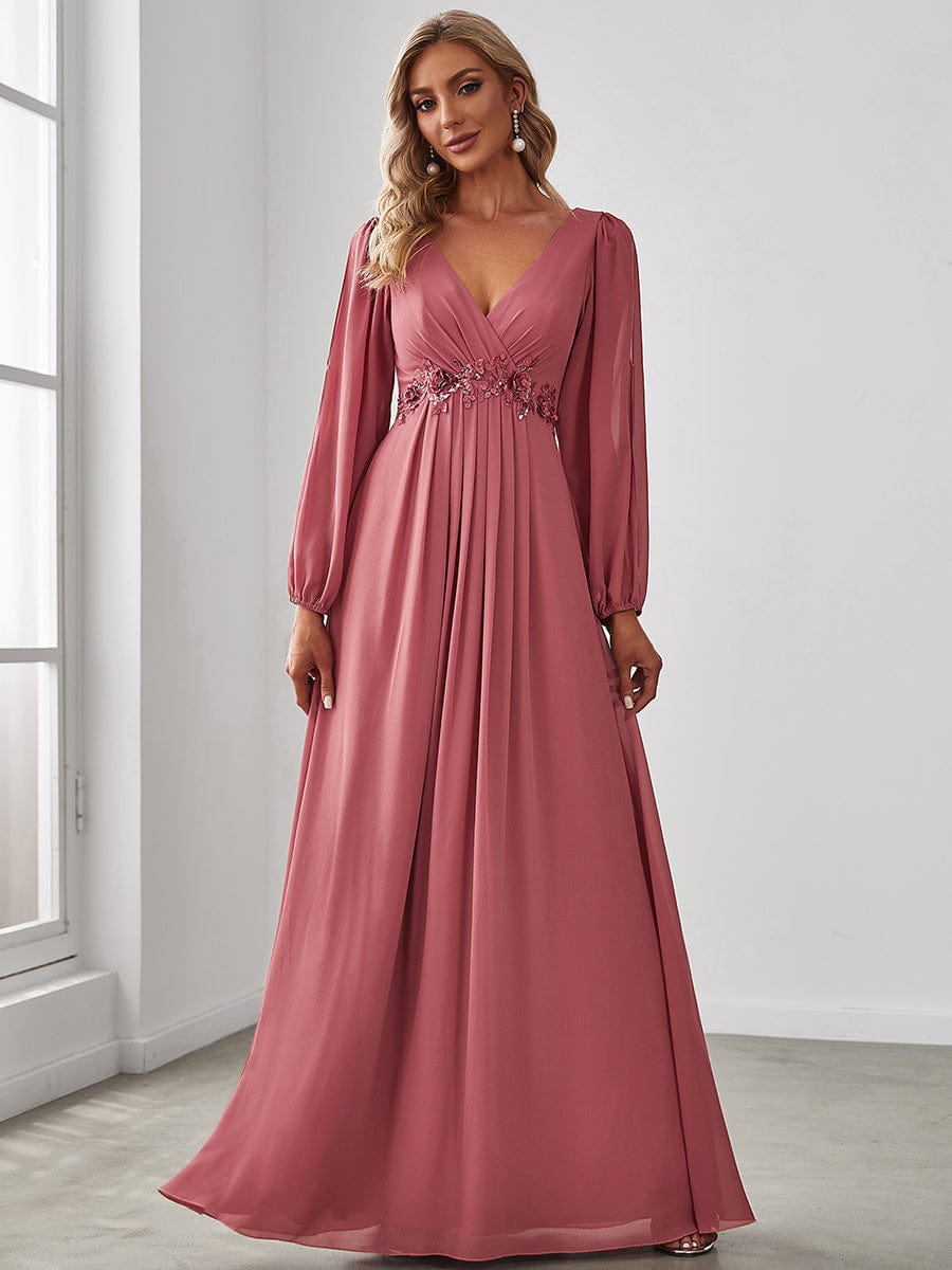 Waist Sequin Applique Chiffon Hollow Long Sleeve Evening Dress #color_Cameo Brown Waist Sequin Applique Chiffon Hollow Long Sleeve Evening Dress #color_Cameo Brown