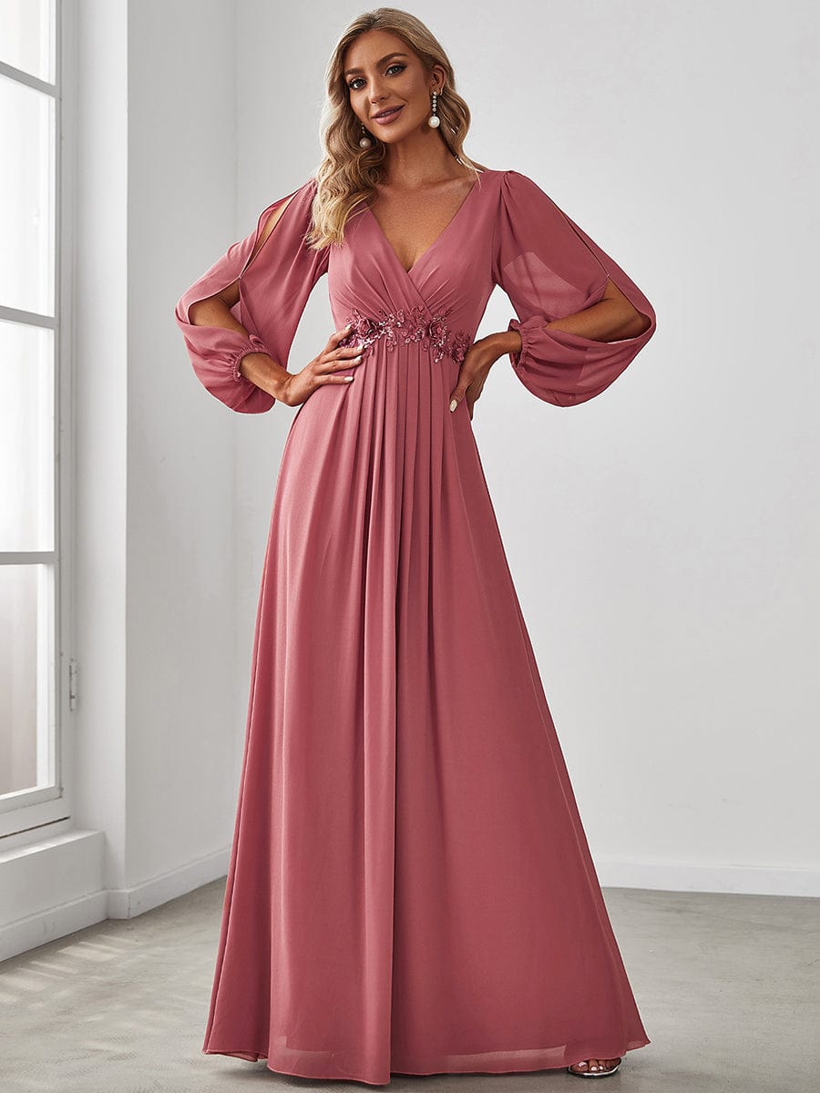 Waist Sequin Applique Chiffon Hollow Long Sleeve Evening Dress #color_Cameo Brown Waist Sequin Applique Chiffon Hollow Long Sleeve Evening Dress #color_Cameo Brown