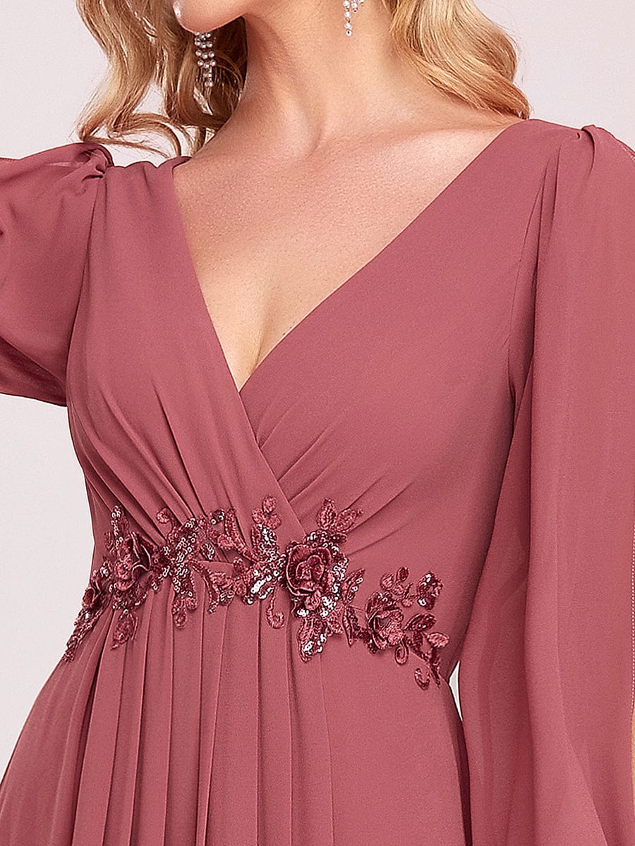 Waist Sequin Applique Chiffon Hollow Long Sleeve Evening Dress #color_Cameo Brown Waist Sequin Applique Chiffon Hollow Long Sleeve Evening Dress #color_Cameo Brown