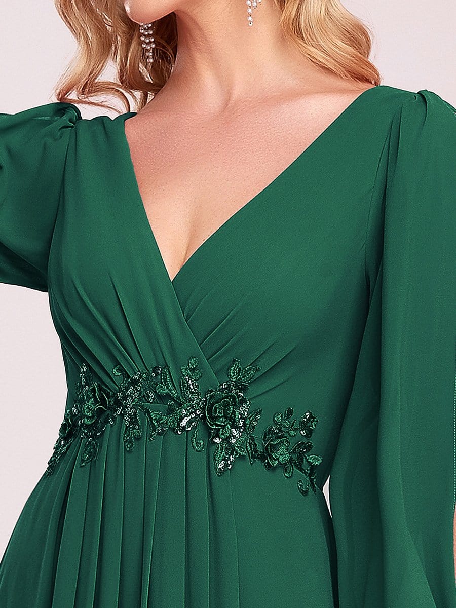 Elegant Chiffon V-Neckline Long Sleeve Formal Evening Dress #color_Dark Green Elegant Chiffon V-Neckline Long Sleeve Formal Evening Dress #color_Dark Green