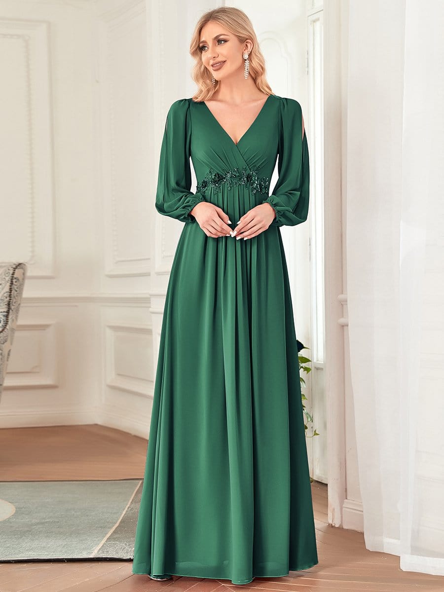 Elegant Chiffon V-Neckline Long Sleeve Formal Evening Dress #color_Dark Green Elegant Chiffon V-Neckline Long Sleeve Formal Evening Dress #color_Dark Green