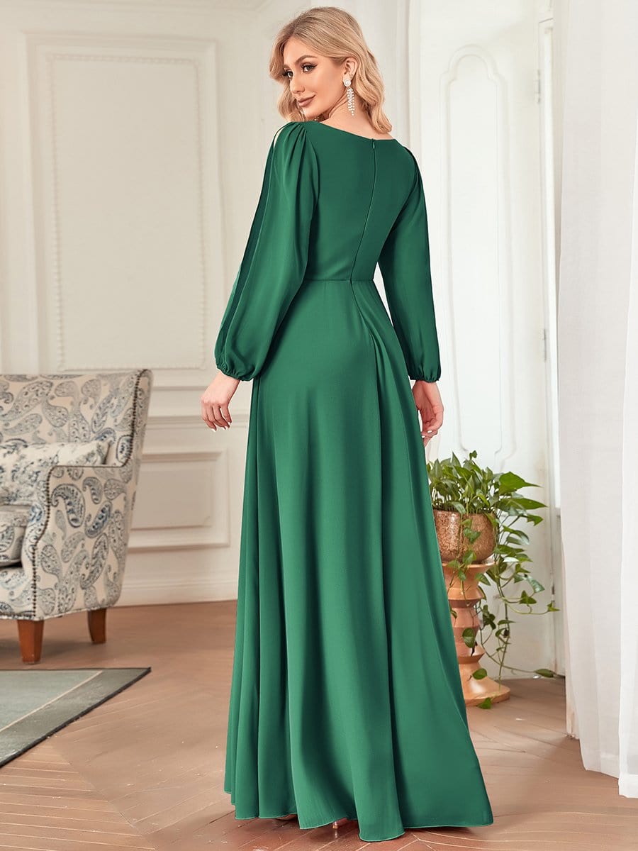 Elegant Chiffon V-Neckline Long Sleeve Formal Evening Dress #color_Dark Green Elegant Chiffon V-Neckline Long Sleeve Formal Evening Dress #color_Dark Green