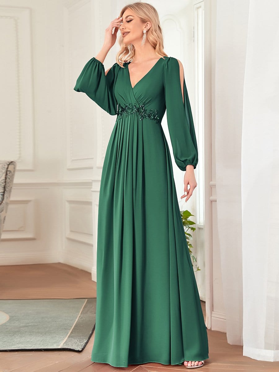 Elegant Chiffon V-Neckline Long Sleeve Formal Evening Dress #color_Dark Green Elegant Chiffon V-Neckline Long Sleeve Formal Evening Dress #color_Dark Green