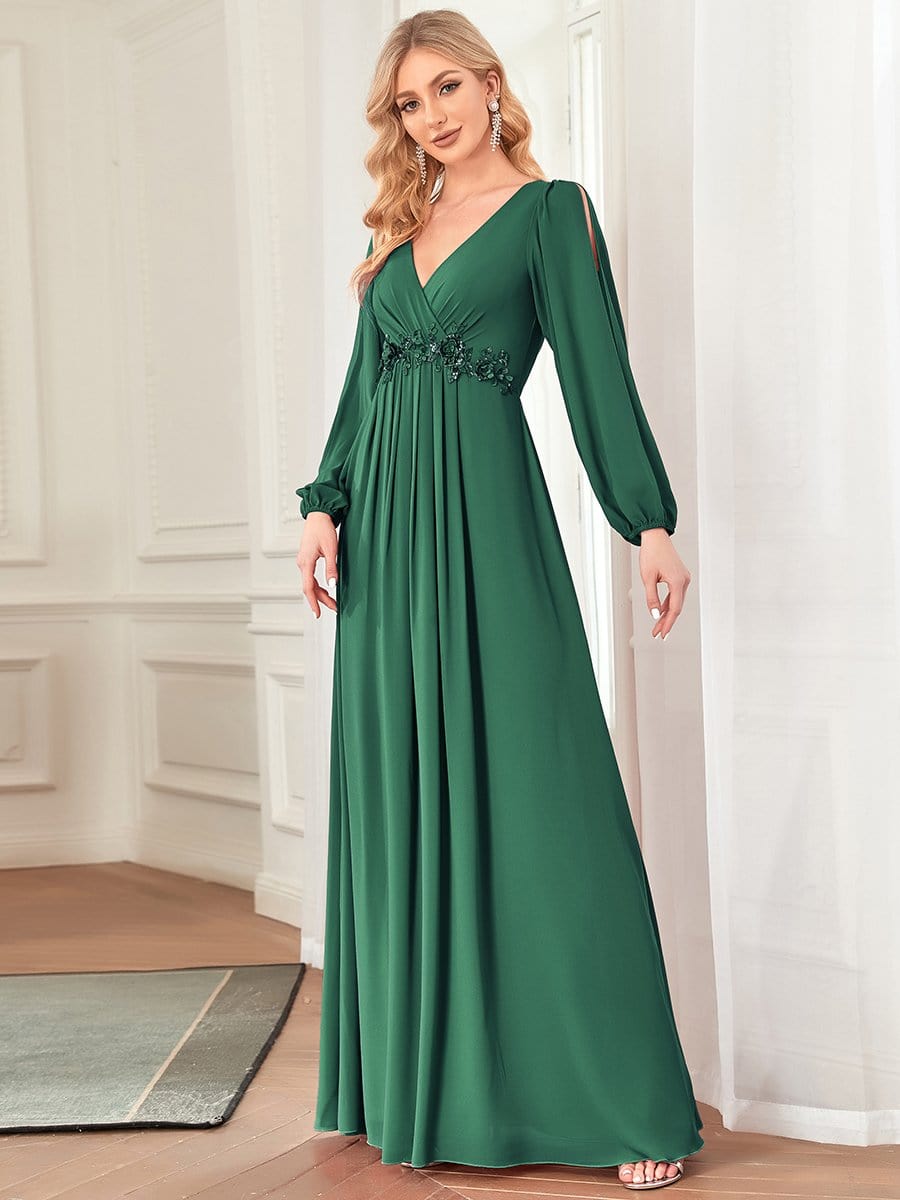 Elegant Chiffon V-Neckline Long Sleeve Formal Evening Dress #color_Dark Green Elegant Chiffon V-Neckline Long Sleeve Formal Evening Dress #color_Dark Green