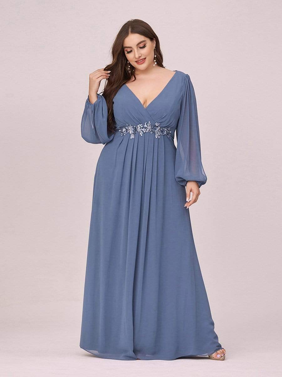 Color=Dusty Navy | Stylish Chiffon Plus Size Evening Dresses With Long Lantern Sleeves-Dusty Navy 2