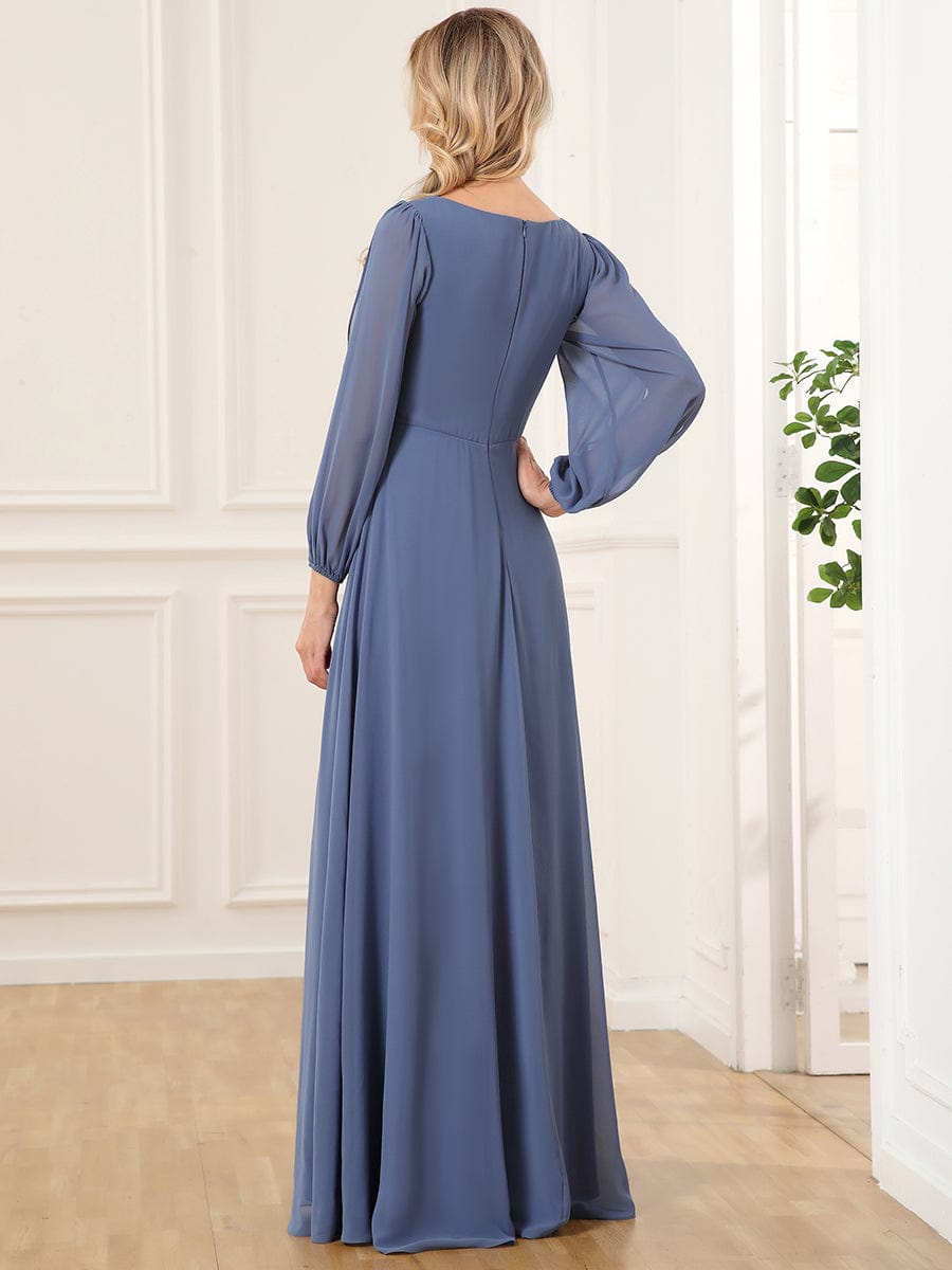 Elegant Chiffon V-Neckline Long Sleeve Formal Evening Dress #color_Dusty Navy Elegant Chiffon V-Neckline Long Sleeve Formal Evening Dress #color_Dusty Navy