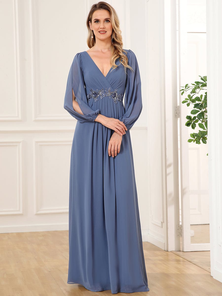 Elegant Chiffon V-Neckline Long Sleeve Formal Evening Dress #color_Dusty Navy Elegant Chiffon V-Neckline Long Sleeve Formal Evening Dress #color_Dusty Navy