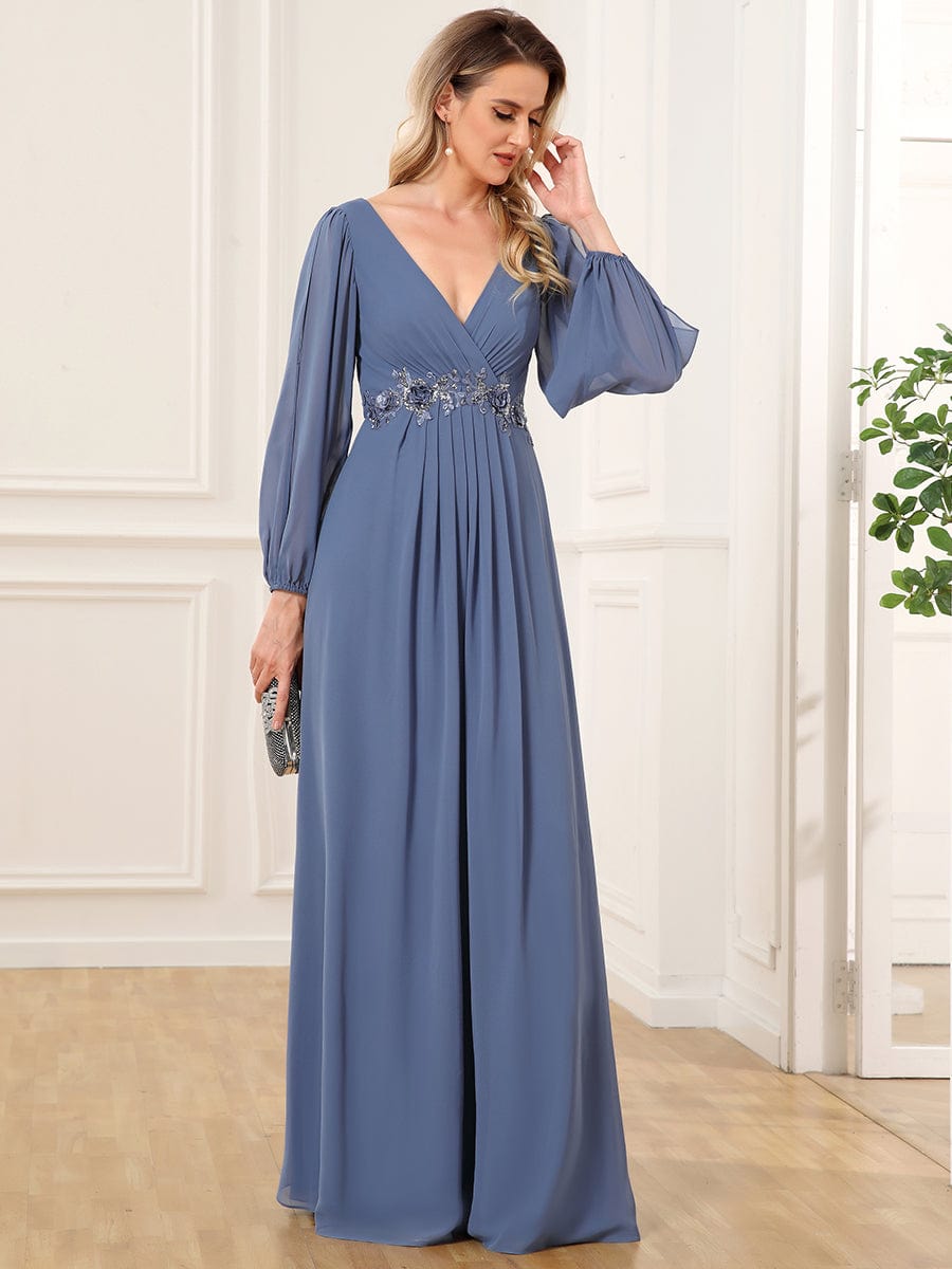 Elegant Chiffon V-Neckline Long Sleeve Formal Evening Dress #color_Dusty Navy Elegant Chiffon V-Neckline Long Sleeve Formal Evening Dress #color_Dusty Navy