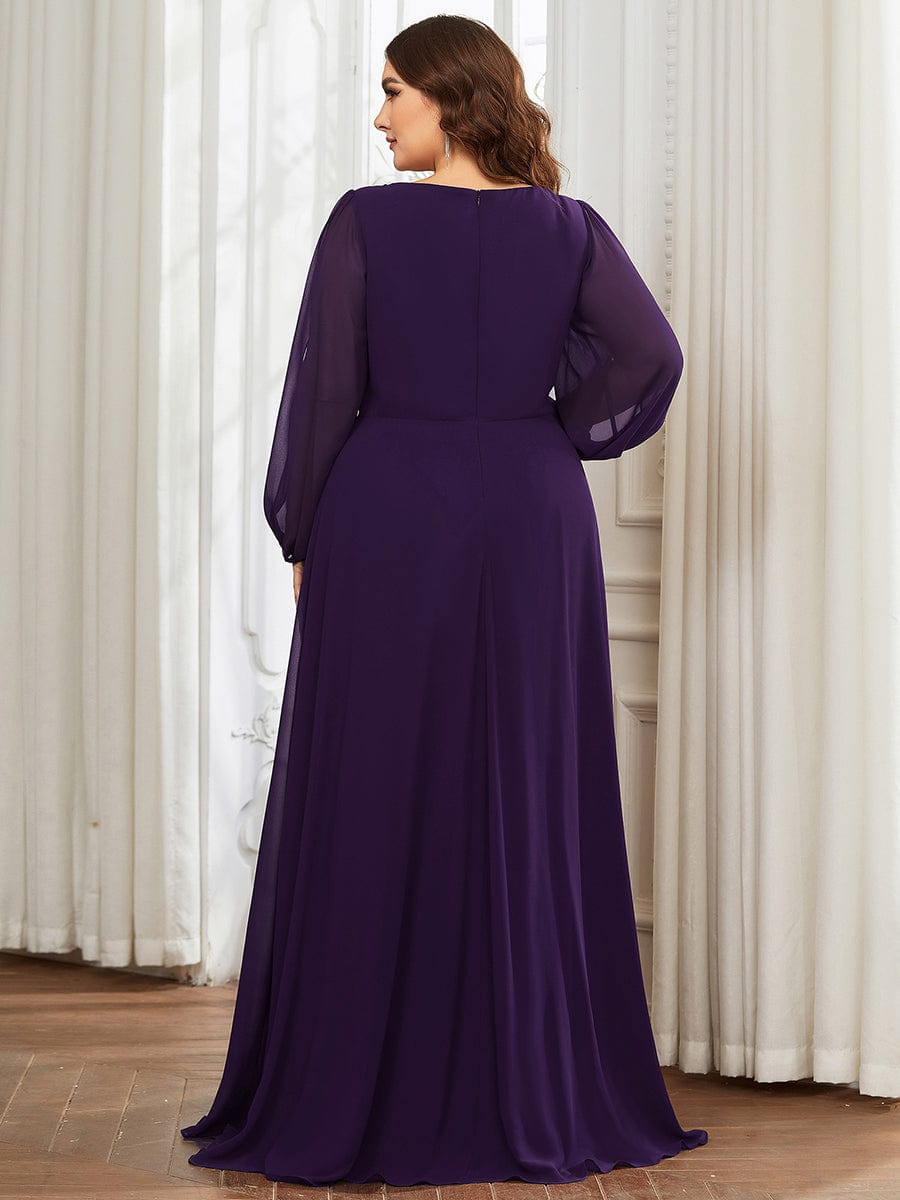 Waist Sequin Applique Chiffon Hollow Long Sleeve Evening Dress #color_Dark Purple Waist Sequin Applique Chiffon Hollow Long Sleeve Evening Dress #color_Dark Purple