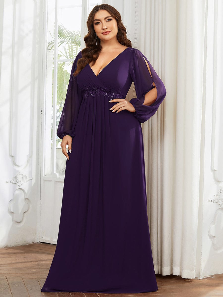 Waist Sequin Applique Chiffon Hollow Long Sleeve Evening Dress #color_Dark Purple Waist Sequin Applique Chiffon Hollow Long Sleeve Evening Dress #color_Dark Purple