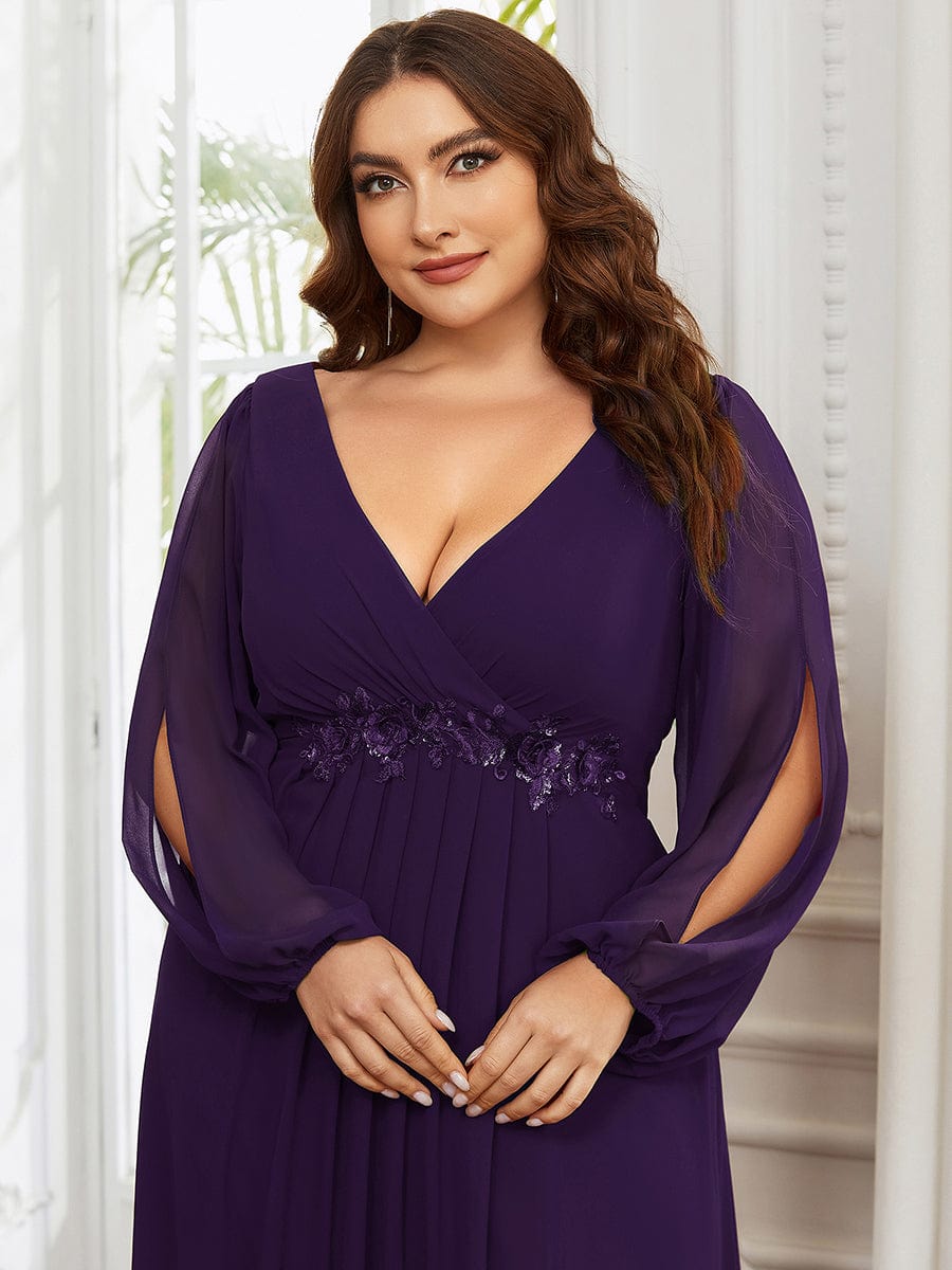 Waist Sequin Applique Chiffon Hollow Long Sleeve Evening Dress #color_Dark Purple Waist Sequin Applique Chiffon Hollow Long Sleeve Evening Dress #color_Dark Purple