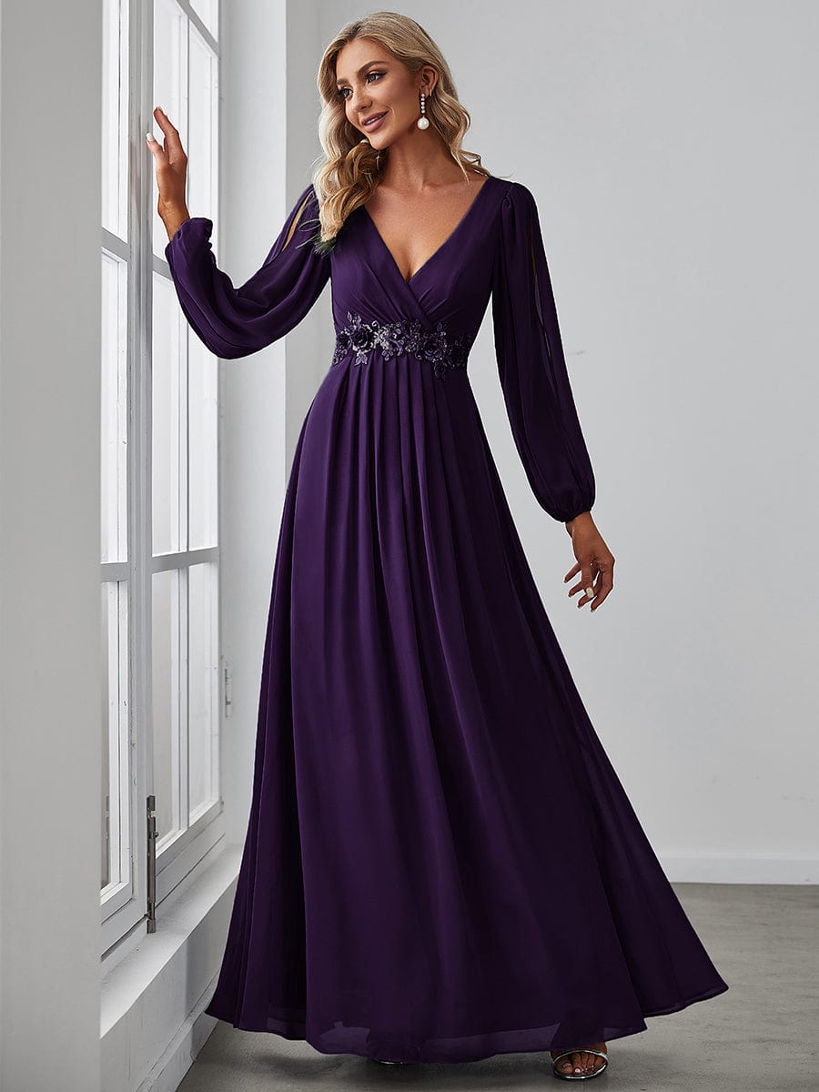 Waist Sequin Applique Chiffon Hollow Long Sleeve Evening Dress #color_Dark Purple Waist Sequin Applique Chiffon Hollow Long Sleeve Evening Dress #color_Dark Purple