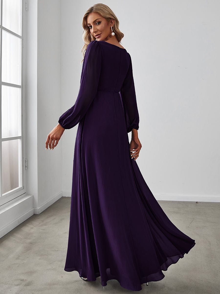 Waist Sequin Applique Chiffon Hollow Long Sleeve Evening Dress #color_Dark Purple Waist Sequin Applique Chiffon Hollow Long Sleeve Evening Dress #color_Dark Purple