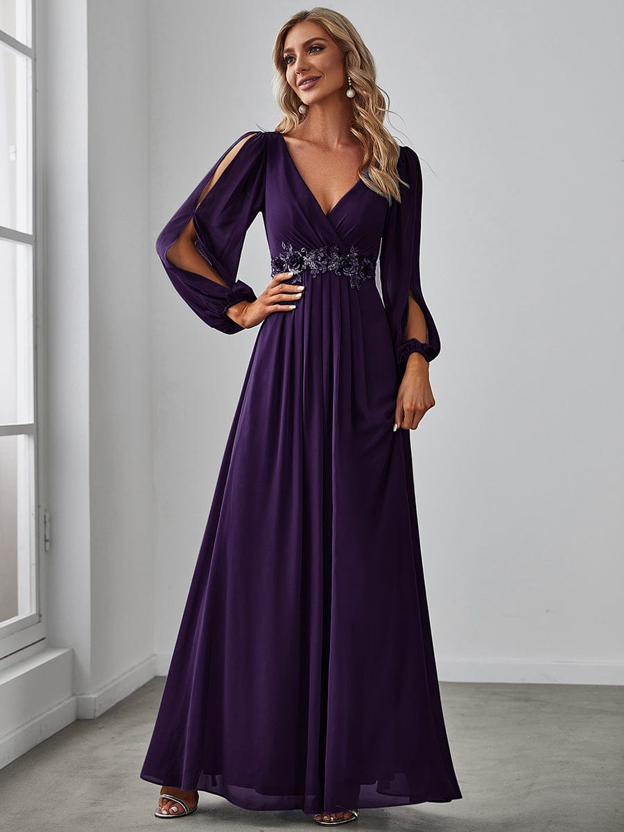 Waist Sequin Applique Chiffon Hollow Long Sleeve Evening Dress #color_Dark Purple Waist Sequin Applique Chiffon Hollow Long Sleeve Evening Dress #color_Dark Purple