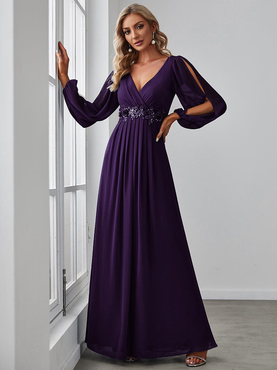 Waist Sequin Applique Chiffon Hollow Long Sleeve Evening Dress #color_Dark Purple Waist Sequin Applique Chiffon Hollow Long Sleeve Evening Dress #color_Dark Purple