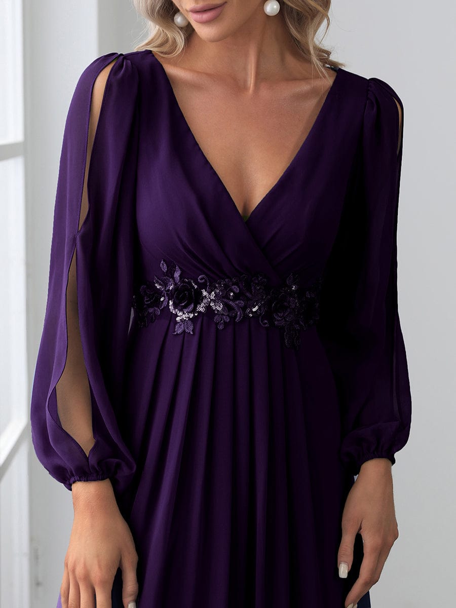 Waist Sequin Applique Chiffon Hollow Long Sleeve Evening Dress #color_Dark Purple Waist Sequin Applique Chiffon Hollow Long Sleeve Evening Dress #color_Dark Purple