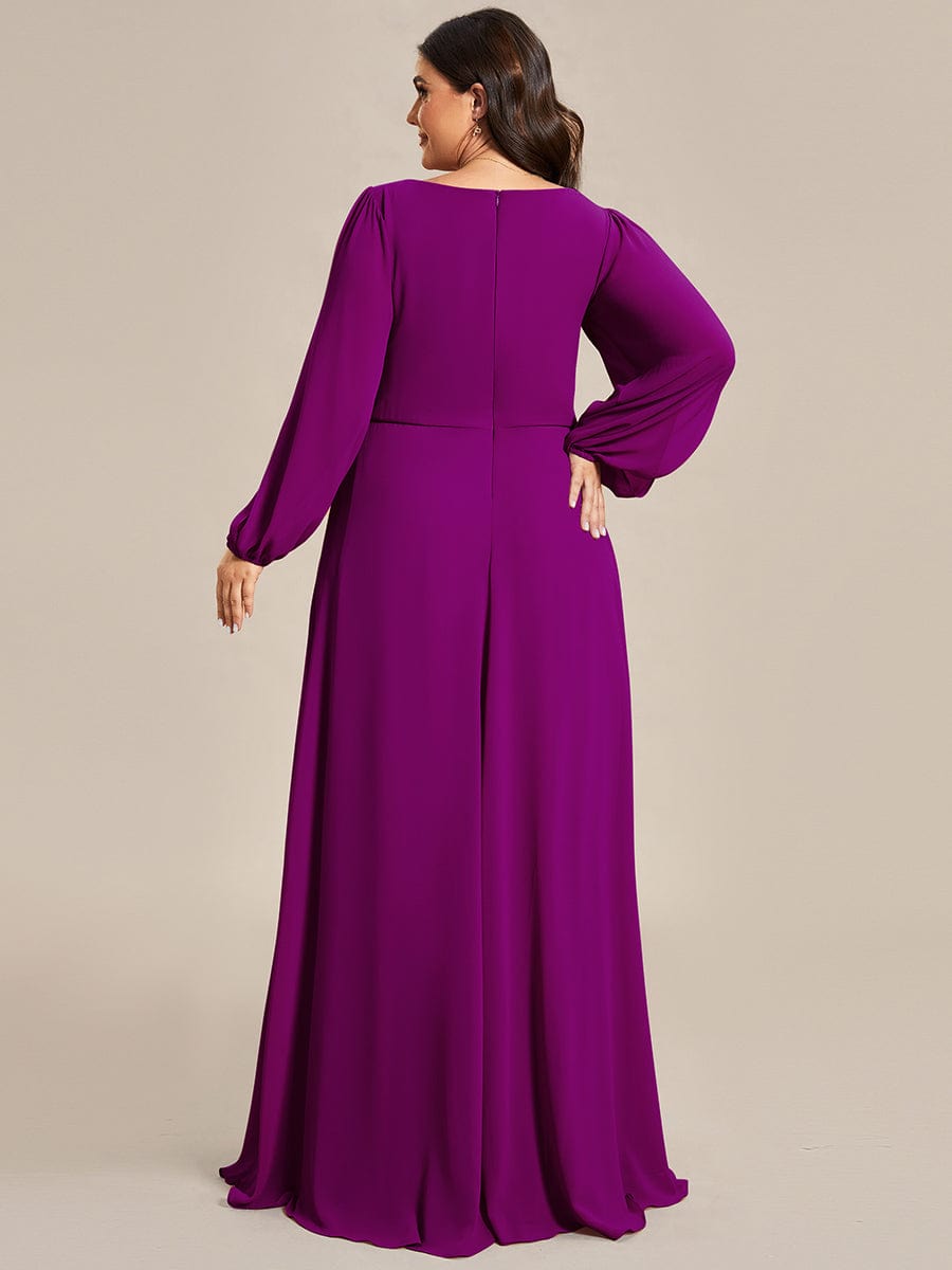 Waist Sequin Applique Chiffon Hollow Long Sleeve Evening Dress #color_Fuchsia Waist Sequin Applique Chiffon Hollow Long Sleeve Evening Dress #color_Fuchsia