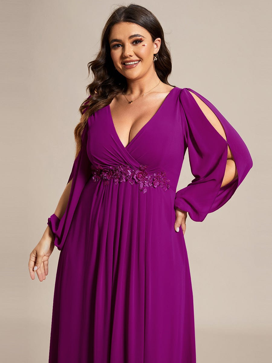 Waist Sequin Applique Chiffon Hollow Long Sleeve Evening Dress #color_Fuchsia Waist Sequin Applique Chiffon Hollow Long Sleeve Evening Dress #color_Fuchsia