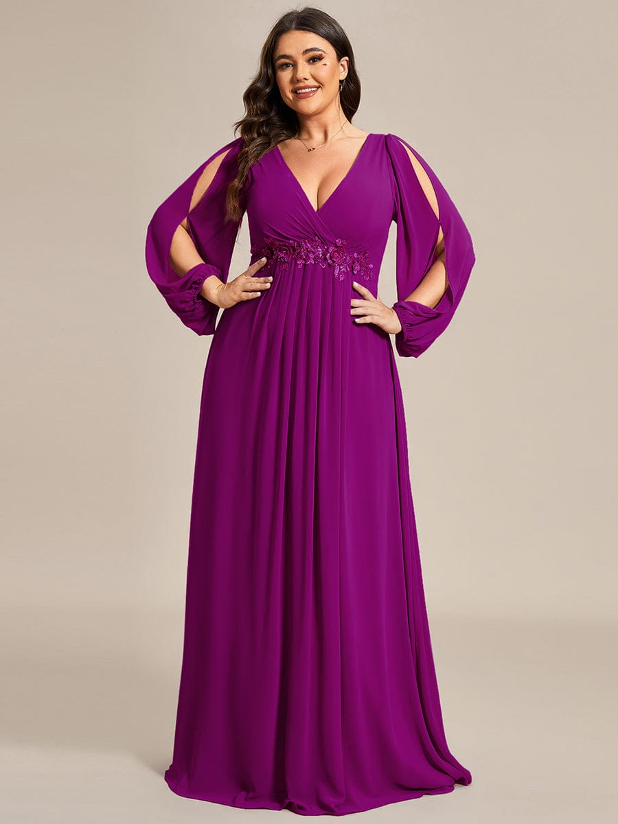 Waist Sequin Applique Chiffon Hollow Long Sleeve Evening Dress #color_Fuchsia Waist Sequin Applique Chiffon Hollow Long Sleeve Evening Dress #color_Fuchsia