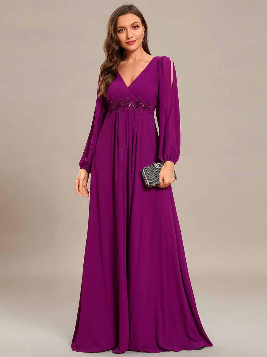 Waist Sequin Applique Chiffon Hollow Long Sleeve Evening Dress #color_Fuchsia Waist Sequin Applique Chiffon Hollow Long Sleeve Evening Dress #color_Fuchsia