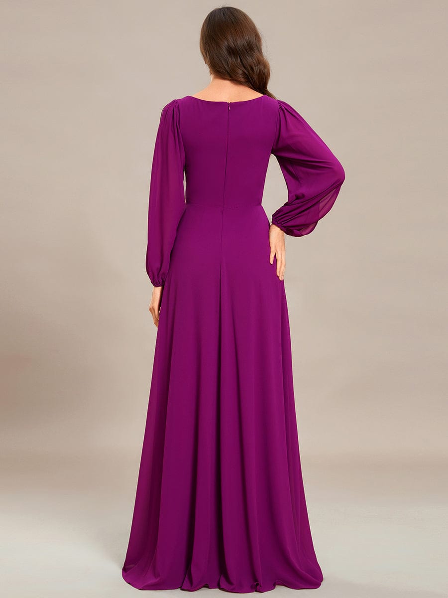 Waist Sequin Applique Chiffon Hollow Long Sleeve Evening Dress #color_Fuchsia Waist Sequin Applique Chiffon Hollow Long Sleeve Evening Dress #color_Fuchsia