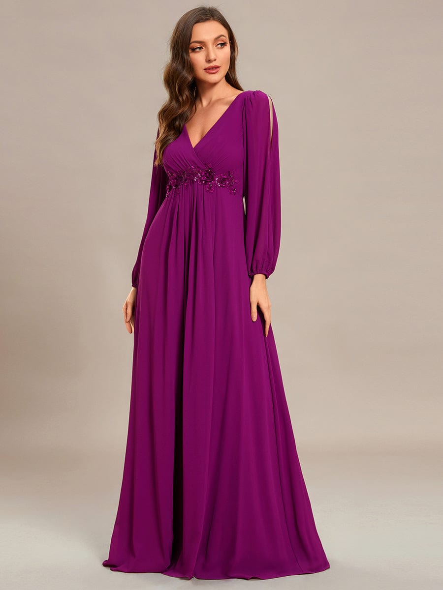Waist Sequin Applique Chiffon Hollow Long Sleeve Evening Dress #color_Fuchsia Waist Sequin Applique Chiffon Hollow Long Sleeve Evening Dress #color_Fuchsia