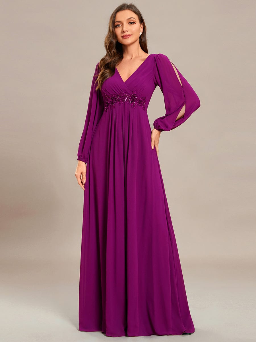 Waist Sequin Applique Chiffon Hollow Long Sleeve Evening Dress #color_Fuchsia Waist Sequin Applique Chiffon Hollow Long Sleeve Evening Dress #color_Fuchsia
