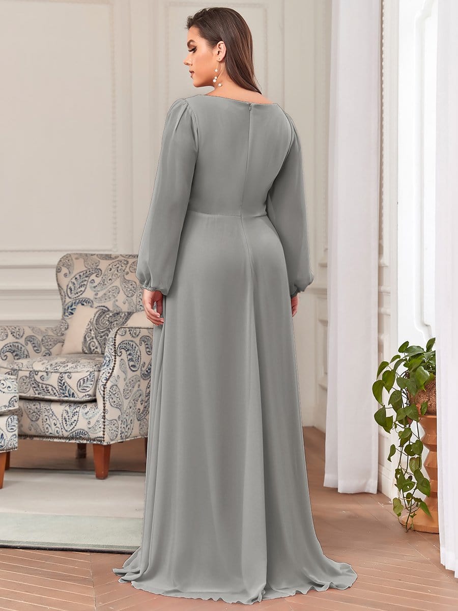 Elegant Chiffon V-Neckline Long Sleeve Formal Evening Dress #color_Grey Elegant Chiffon V-Neckline Long Sleeve Formal Evening Dress #color_Grey