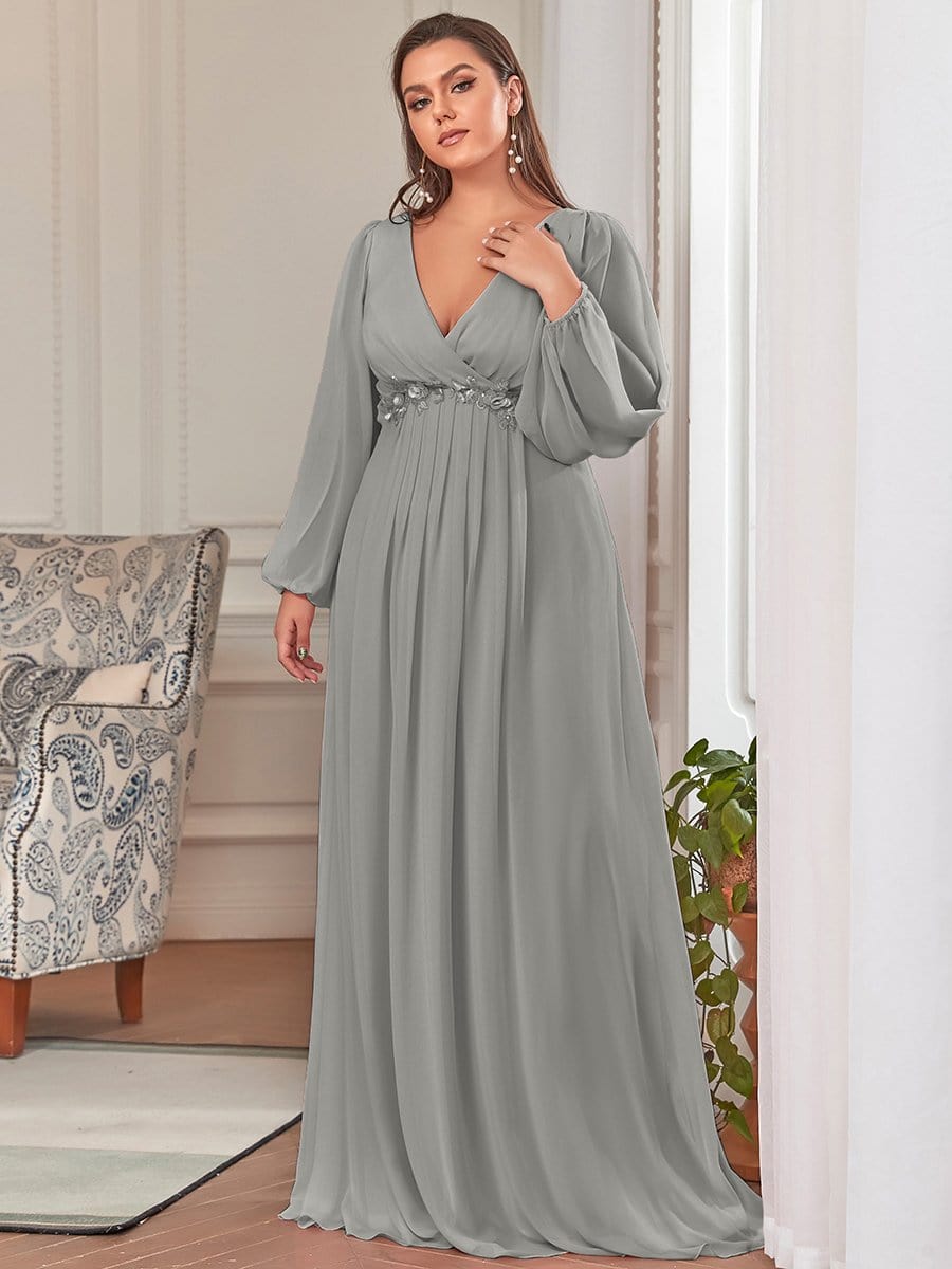 Elegant Chiffon V-Neckline Long Sleeve Formal Evening Dress #color_Grey Elegant Chiffon V-Neckline Long Sleeve Formal Evening Dress #color_Grey