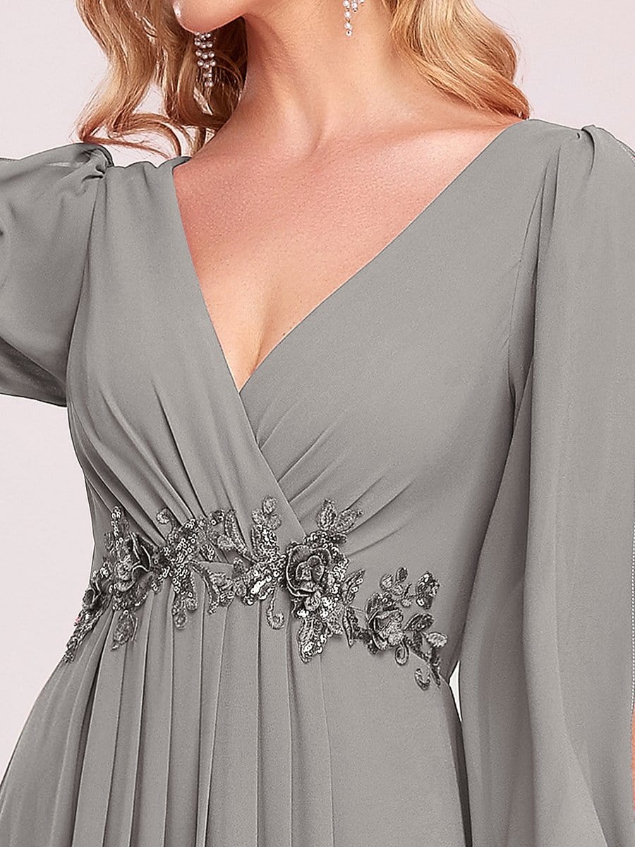 Elegant Chiffon V-Neckline Long Sleeve Formal Evening Dress #color_Grey Elegant Chiffon V-Neckline Long Sleeve Formal Evening Dress #color_Grey