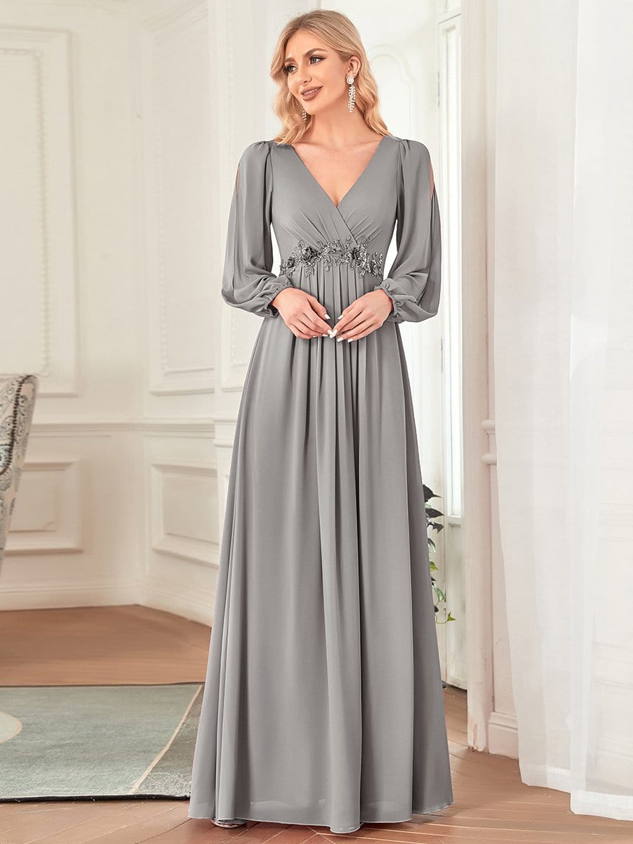 Elegant Chiffon V-Neckline Long Sleeve Formal Evening Dress #color_Grey Elegant Chiffon V-Neckline Long Sleeve Formal Evening Dress #color_Grey