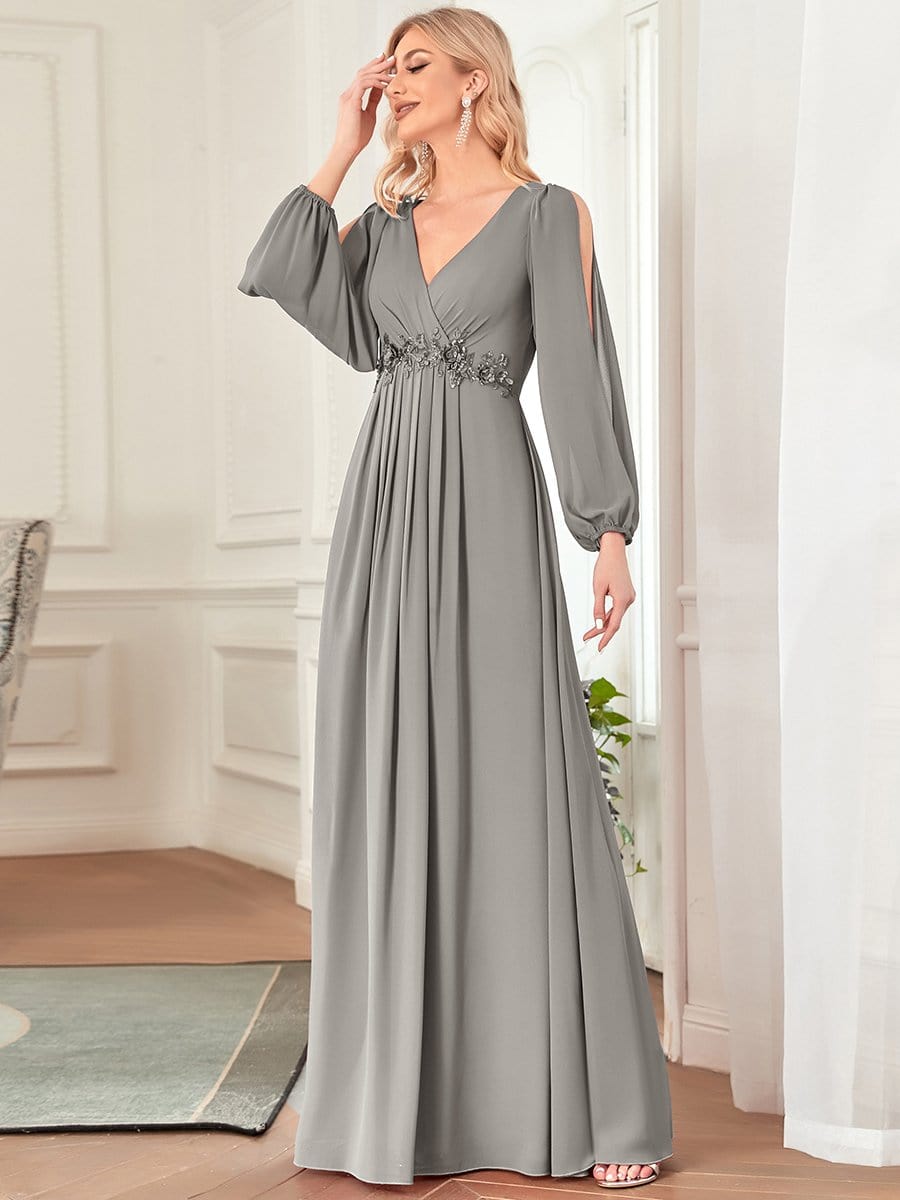 Elegant Chiffon V-Neckline Long Sleeve Formal Evening Dress #color_Grey Elegant Chiffon V-Neckline Long Sleeve Formal Evening Dress #color_Grey
