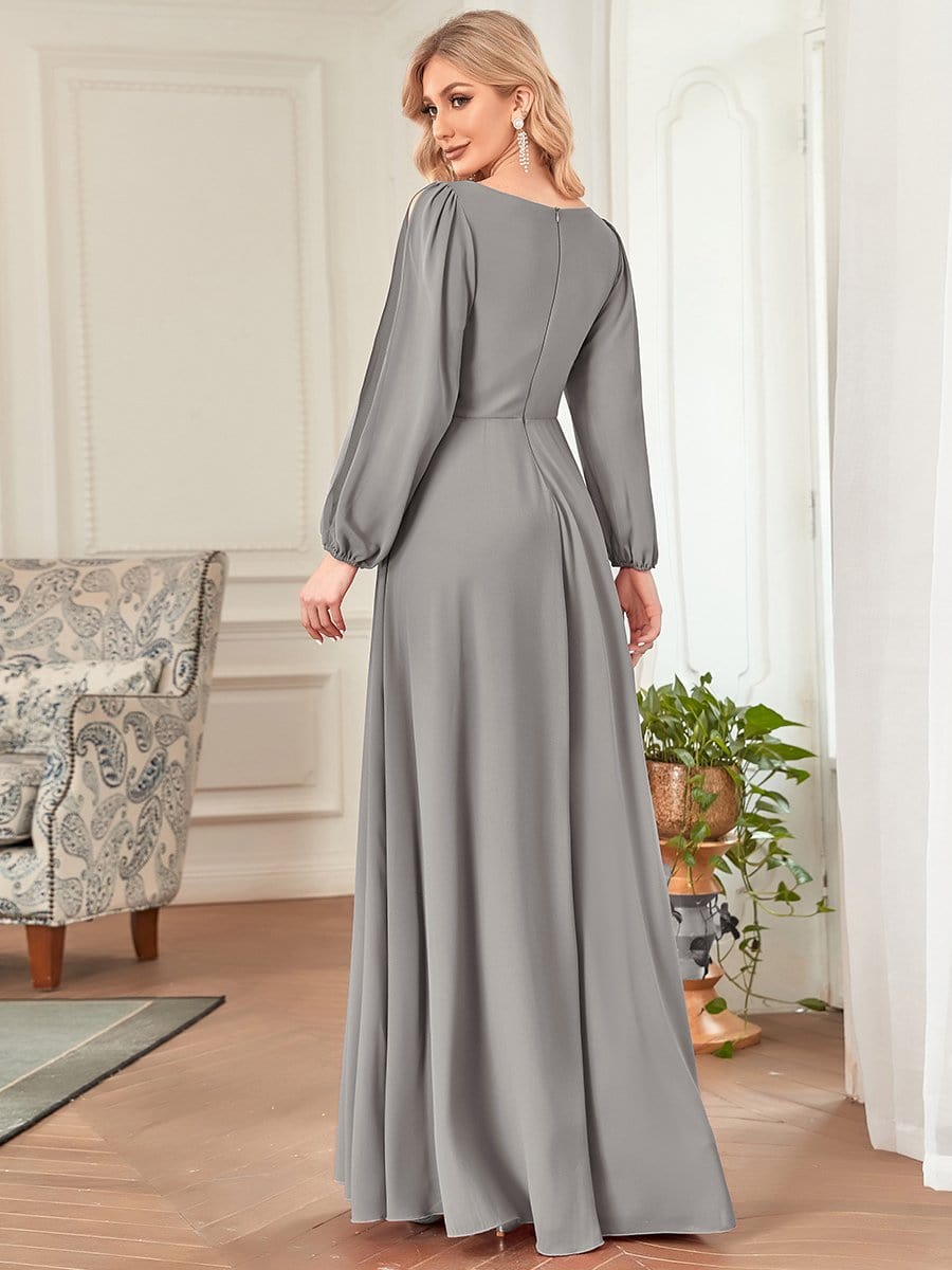 Elegant Chiffon V-Neckline Long Sleeve Formal Evening Dress #color_Grey Elegant Chiffon V-Neckline Long Sleeve Formal Evening Dress #color_Grey