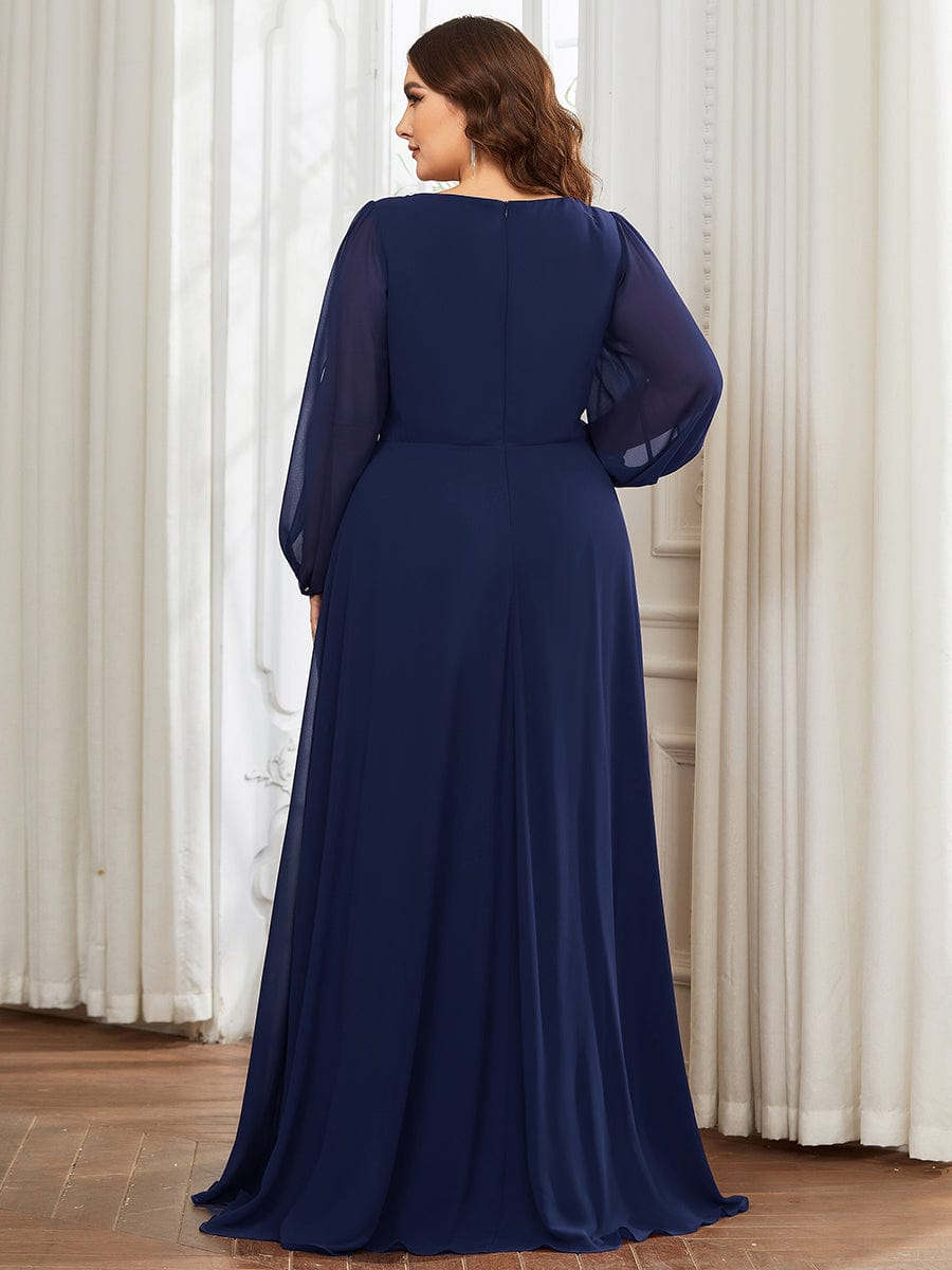 Elegant Chiffon V-Neckline Long Sleeve Formal Evening Dress #color_Navy Blue Elegant Chiffon V-Neckline Long Sleeve Formal Evening Dress #color_Navy Blue