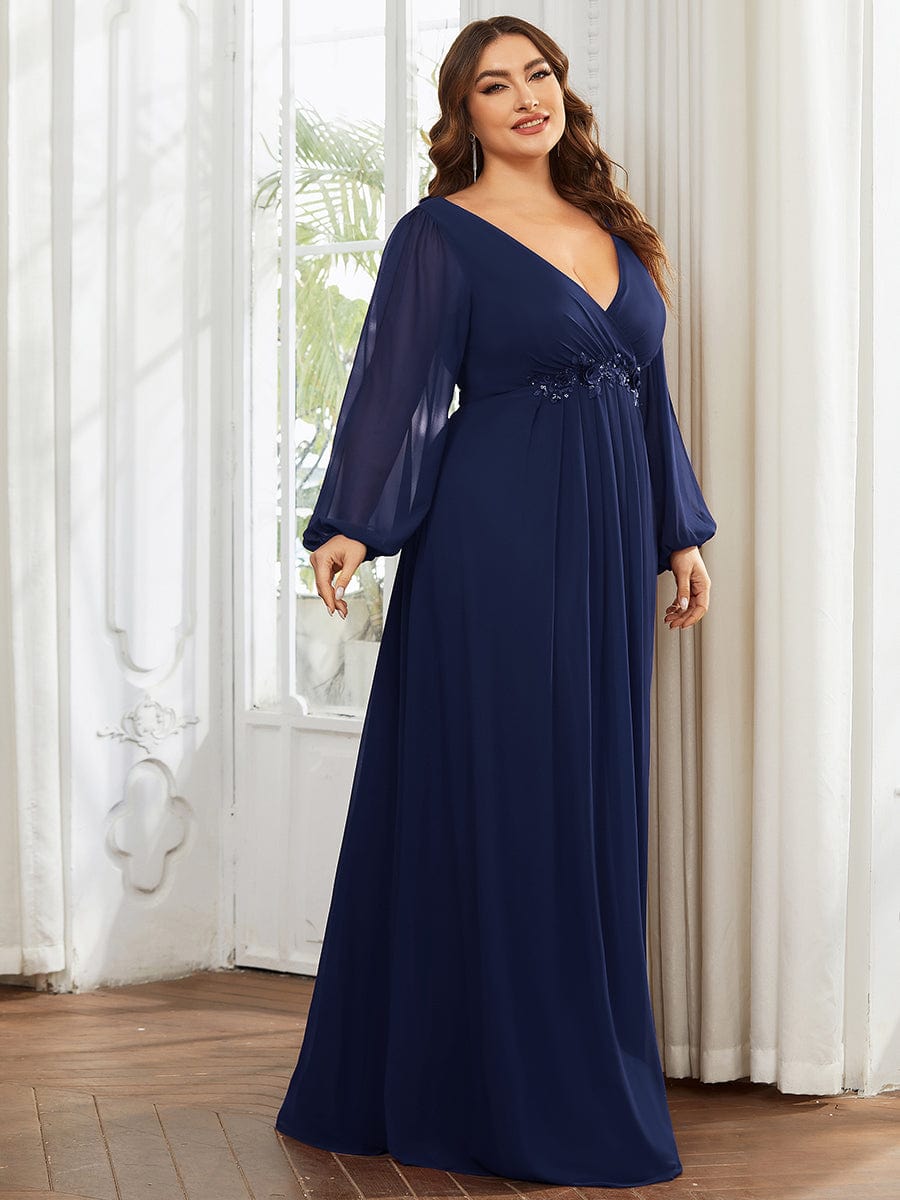 Elegant Chiffon V-Neckline Long Sleeve Formal Evening Dress #color_Navy Blue Elegant Chiffon V-Neckline Long Sleeve Formal Evening Dress #color_Navy Blue
