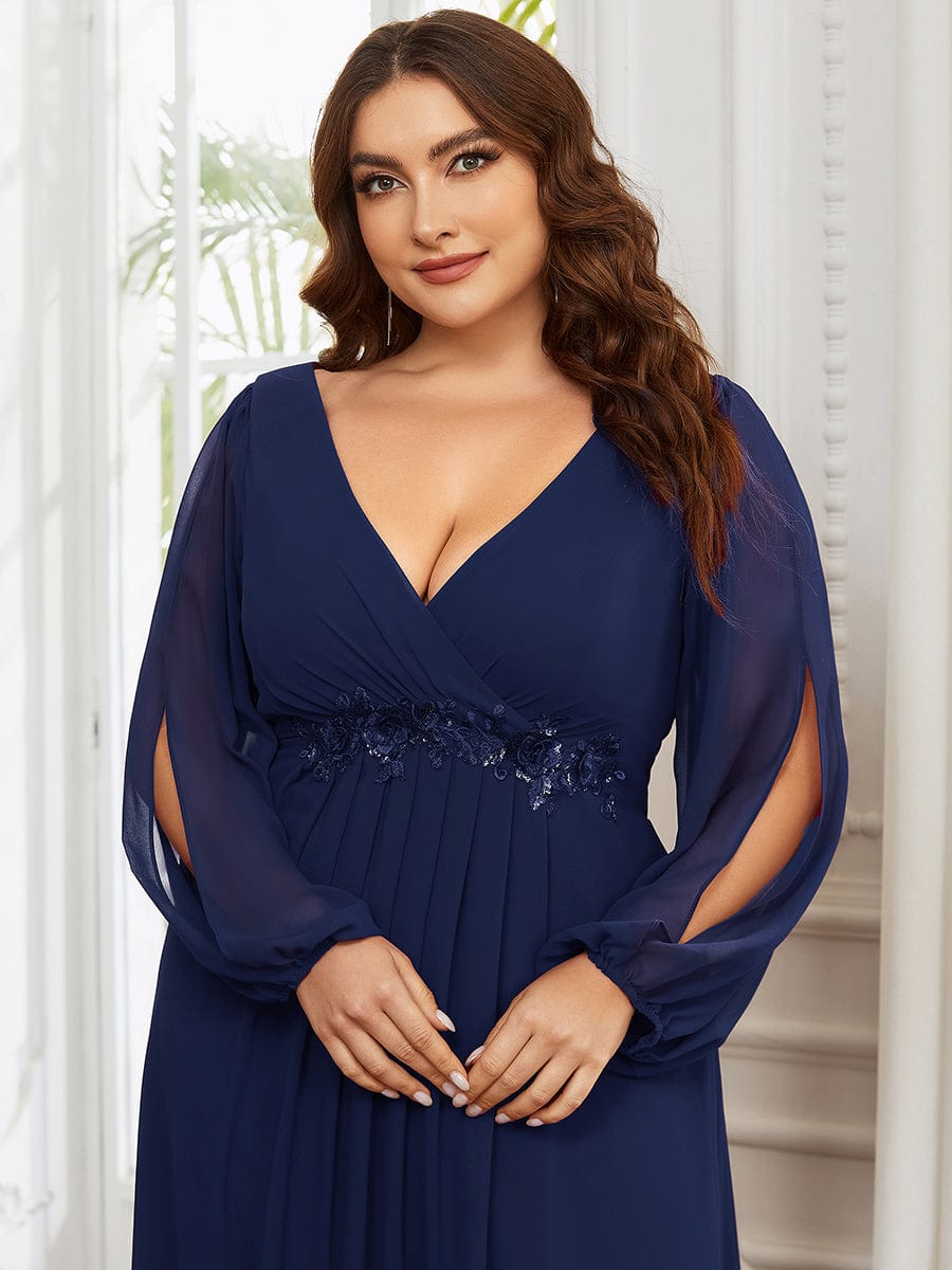 Elegant Chiffon V-Neckline Long Sleeve Formal Evening Dress #color_Navy Blue Elegant Chiffon V-Neckline Long Sleeve Formal Evening Dress #color_Navy Blue