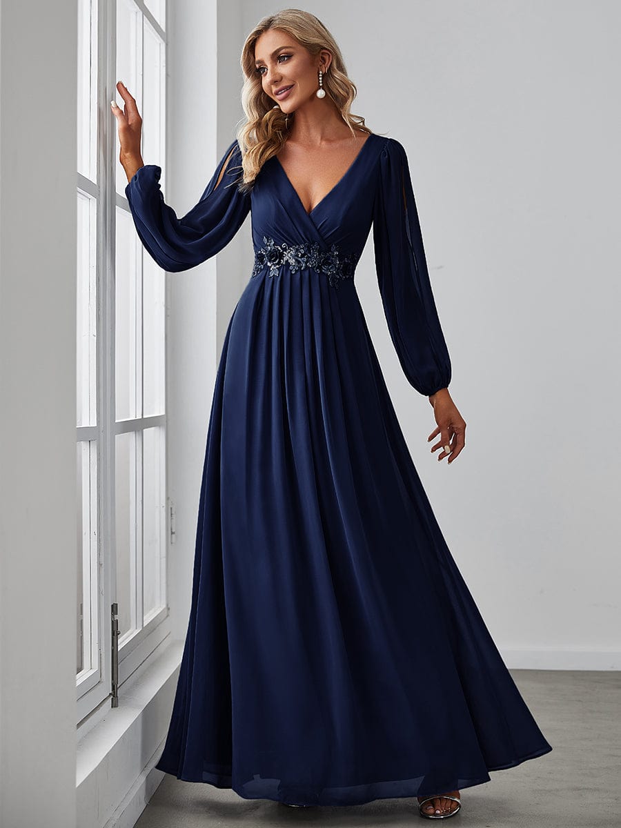 Elegant Chiffon V-Neckline Long Sleeve Formal Evening Dress #color_Navy Blue Elegant Chiffon V-Neckline Long Sleeve Formal Evening Dress #color_Navy Blue