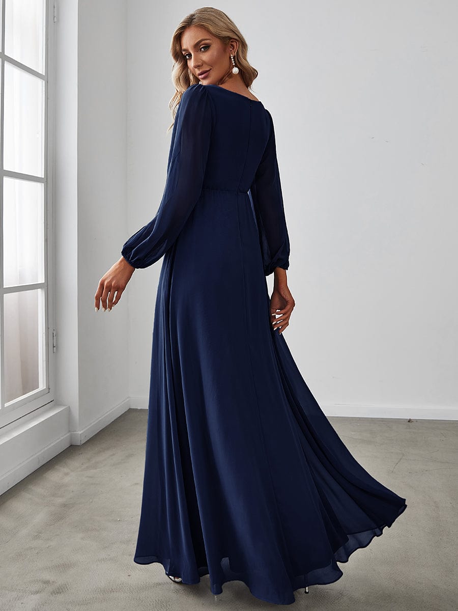 Elegant Chiffon V-Neckline Long Sleeve Formal Evening Dress #color_Navy Blue Elegant Chiffon V-Neckline Long Sleeve Formal Evening Dress #color_Navy Blue