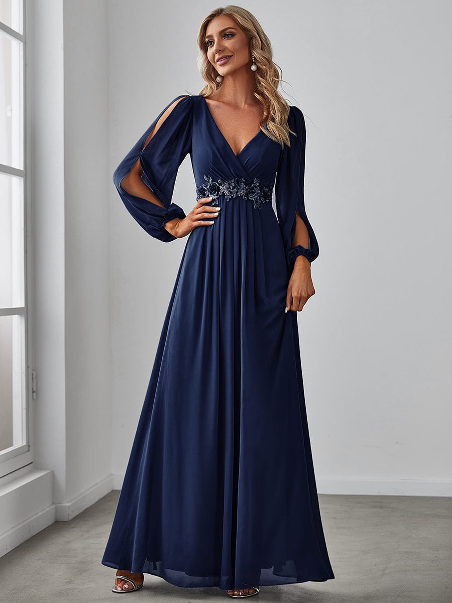 Elegant Chiffon V-Neckline Long Sleeve Formal Evening Dress #color_Navy Blue Elegant Chiffon V-Neckline Long Sleeve Formal Evening Dress #color_Navy Blue