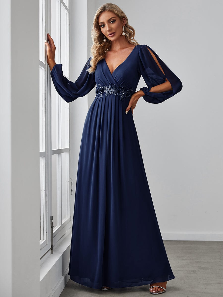 Elegant Chiffon V-Neckline Long Sleeve Formal Evening Dress #color_Navy Blue Elegant Chiffon V-Neckline Long Sleeve Formal Evening Dress #color_Navy Blue