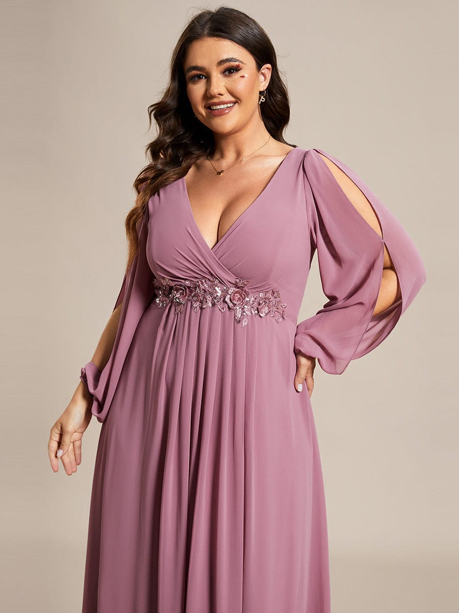 Waist Sequin Applique Chiffon Hollow Long Sleeve Evening Dress #color_Purple Orchid Waist Sequin Applique Chiffon Hollow Long Sleeve Evening Dress #color_Purple Orchid