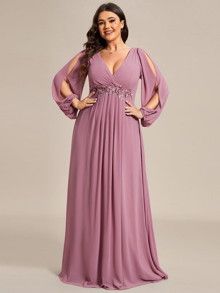 Waist Sequin Applique Chiffon Hollow Long Sleeve Evening Dress #color_Purple Orchid Waist Sequin Applique Chiffon Hollow Long Sleeve Evening Dress #color_Purple Orchid