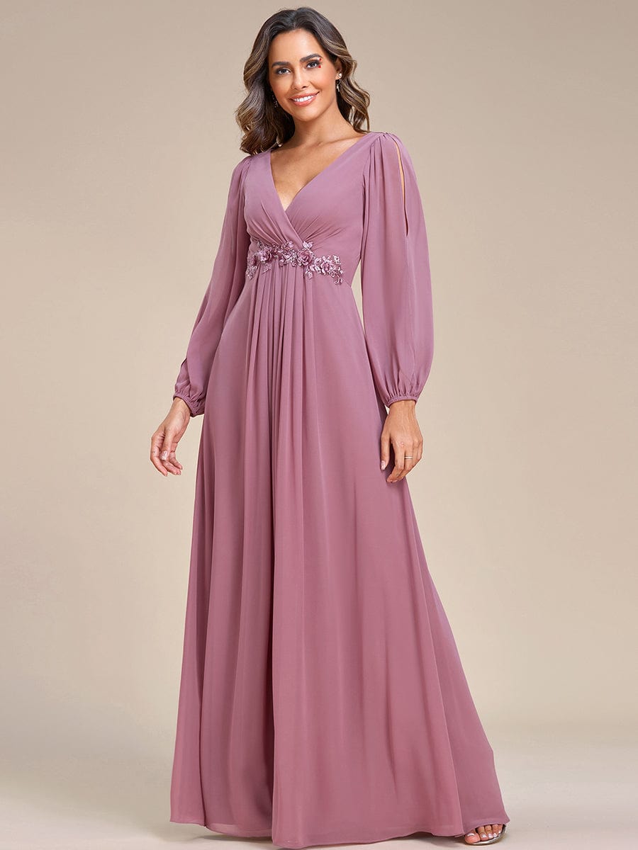 Waist Sequin Applique Chiffon Hollow Long Sleeve Evening Dress #color_Purple Orchid Waist Sequin Applique Chiffon Hollow Long Sleeve Evening Dress #color_Purple Orchid