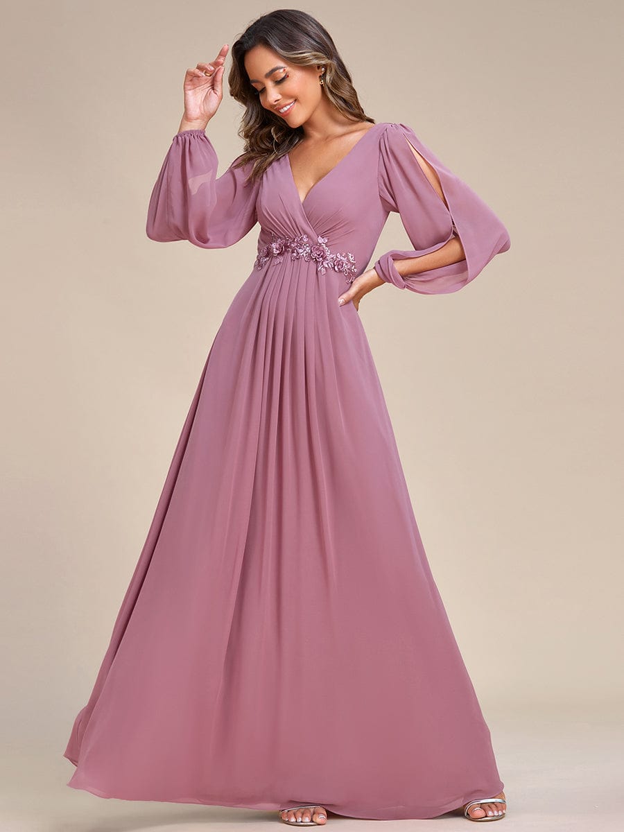 Waist Sequin Applique Chiffon Hollow Long Sleeve Evening Dress #color_Purple Orchid Waist Sequin Applique Chiffon Hollow Long Sleeve Evening Dress #color_Purple Orchid