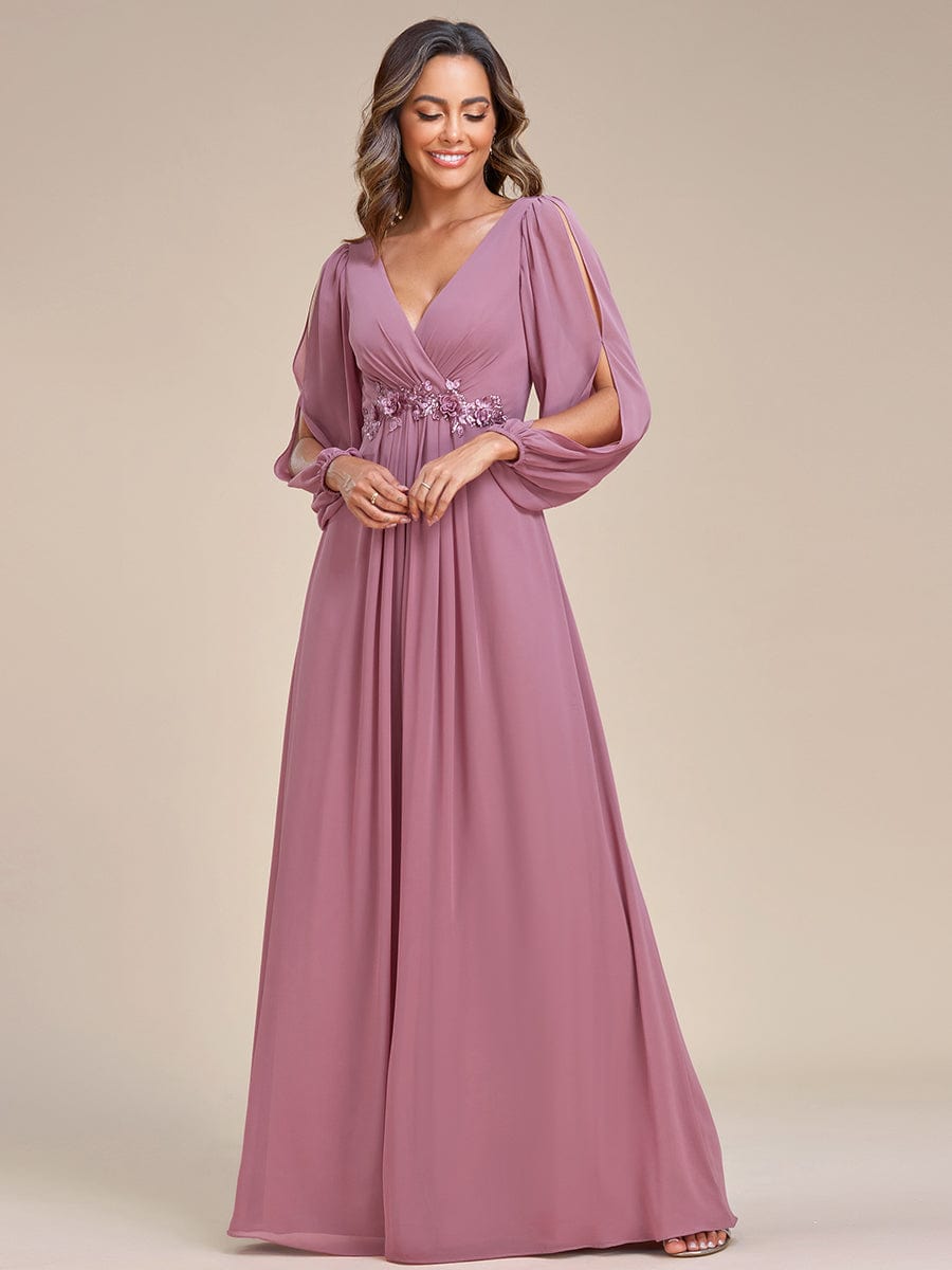 Waist Sequin Applique Chiffon Hollow Long Sleeve Evening Dress #color_Purple Orchid Waist Sequin Applique Chiffon Hollow Long Sleeve Evening Dress #color_Purple Orchid