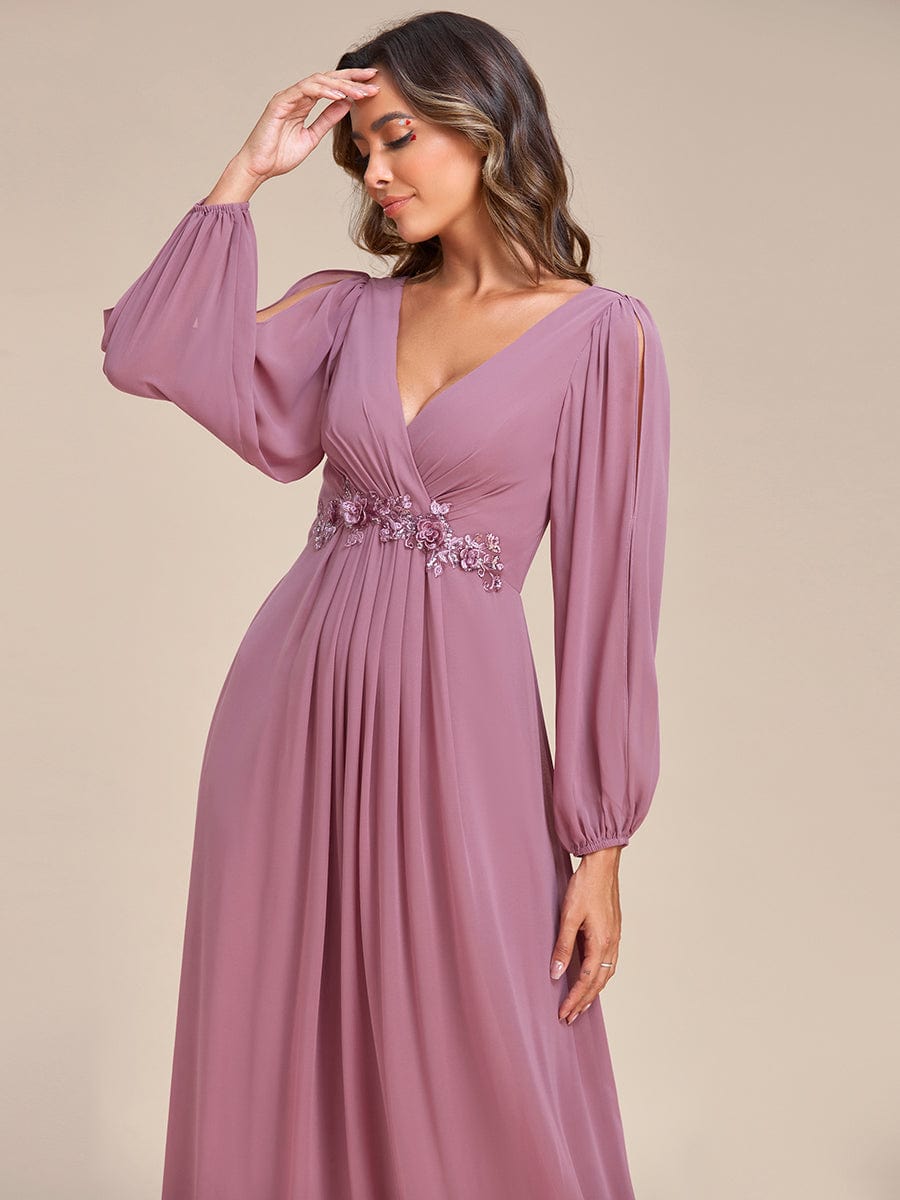 Waist Sequin Applique Chiffon Hollow Long Sleeve Evening Dress #color_Purple Orchid Waist Sequin Applique Chiffon Hollow Long Sleeve Evening Dress #color_Purple Orchid