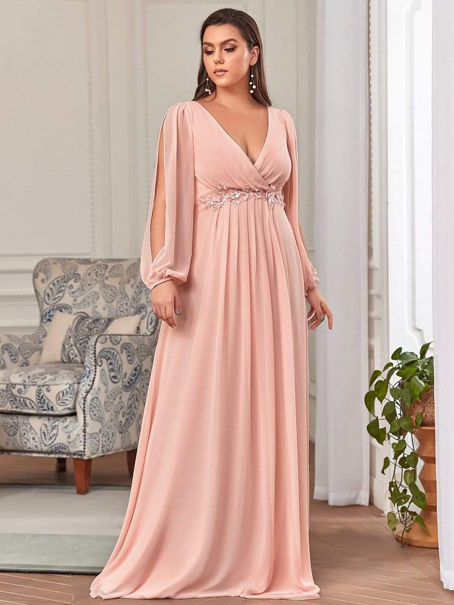 Elegant Chiffon V-Neckline Long Sleeve Formal Evening Dress #color_Pink Elegant Chiffon V-Neckline Long Sleeve Formal Evening Dress #color_Pink