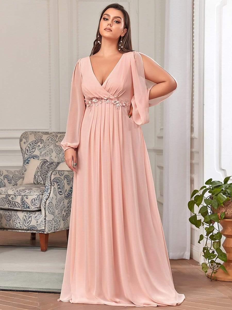 Elegant Chiffon V-Neckline Long Sleeve Formal Evening Dress #color_Pink Elegant Chiffon V-Neckline Long Sleeve Formal Evening Dress #color_Pink